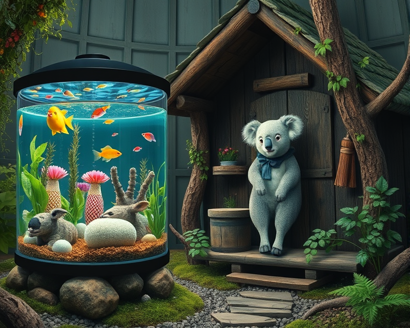 fish tank, potato chip, sheep, koala, cabin